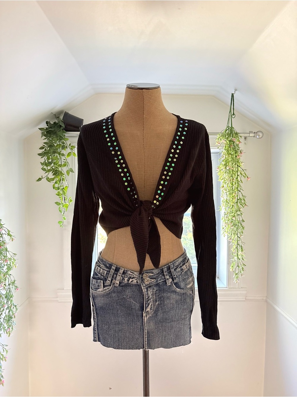 Black Tie-Front Ribbed Top with Sequins